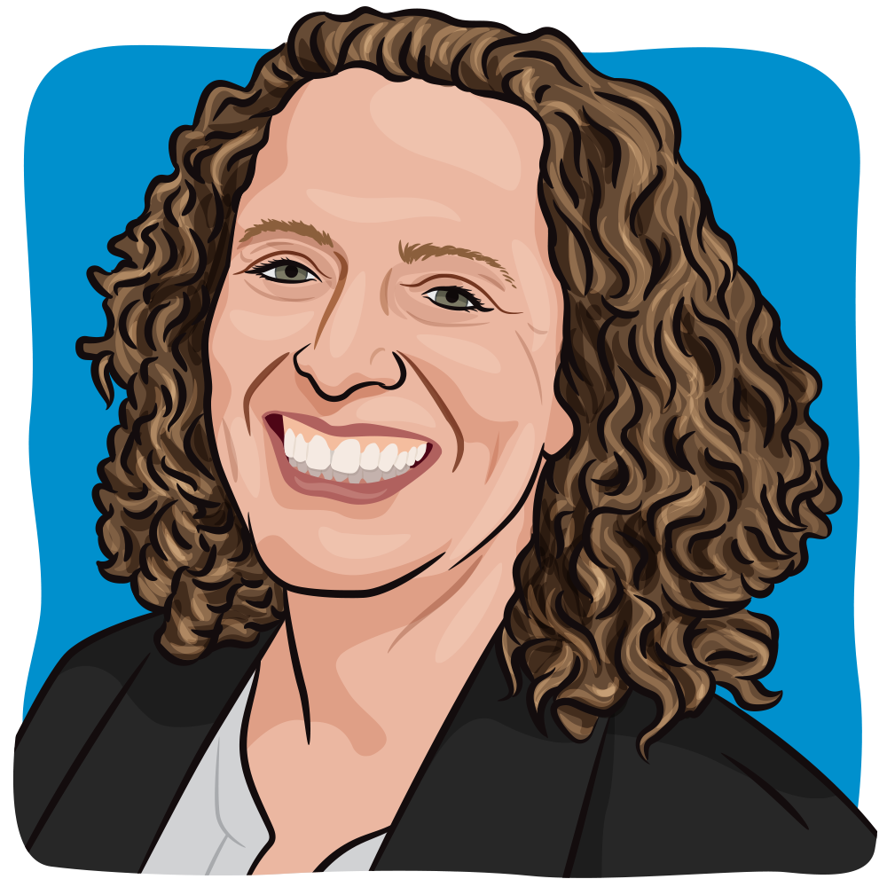 Illustration of a woman with very curly brown hair and a bright toothy smile.