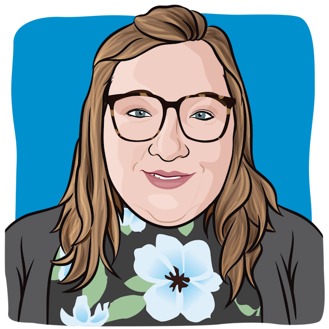 Illustration of a woman with light brown hair, glasses and a blue floral top.