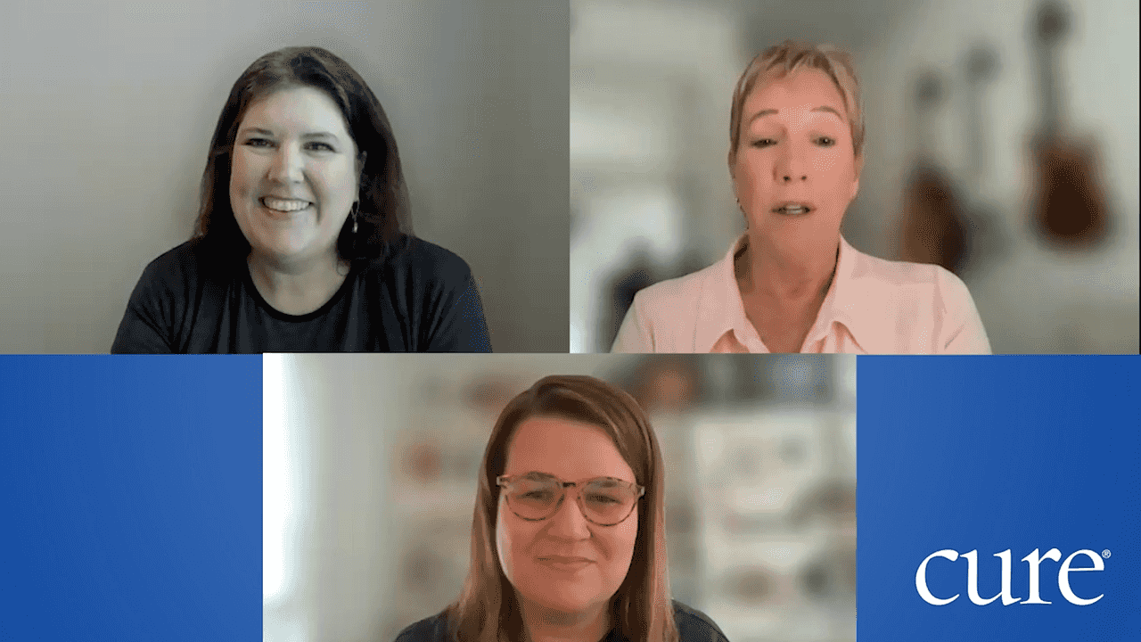 Three women on a Zoom call discussing managing side effects of breast cancer treatment.