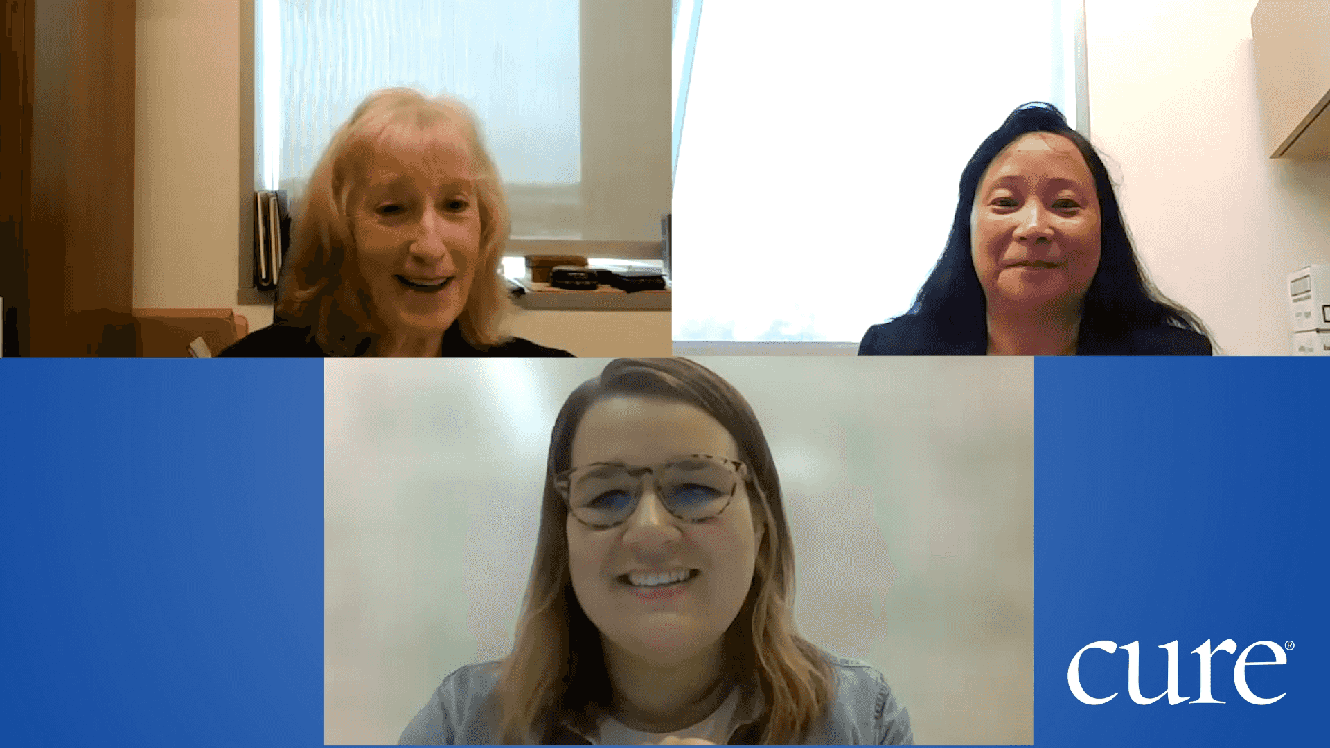 Three women on a Zoom call discussing effective care team communication in breast cancer.