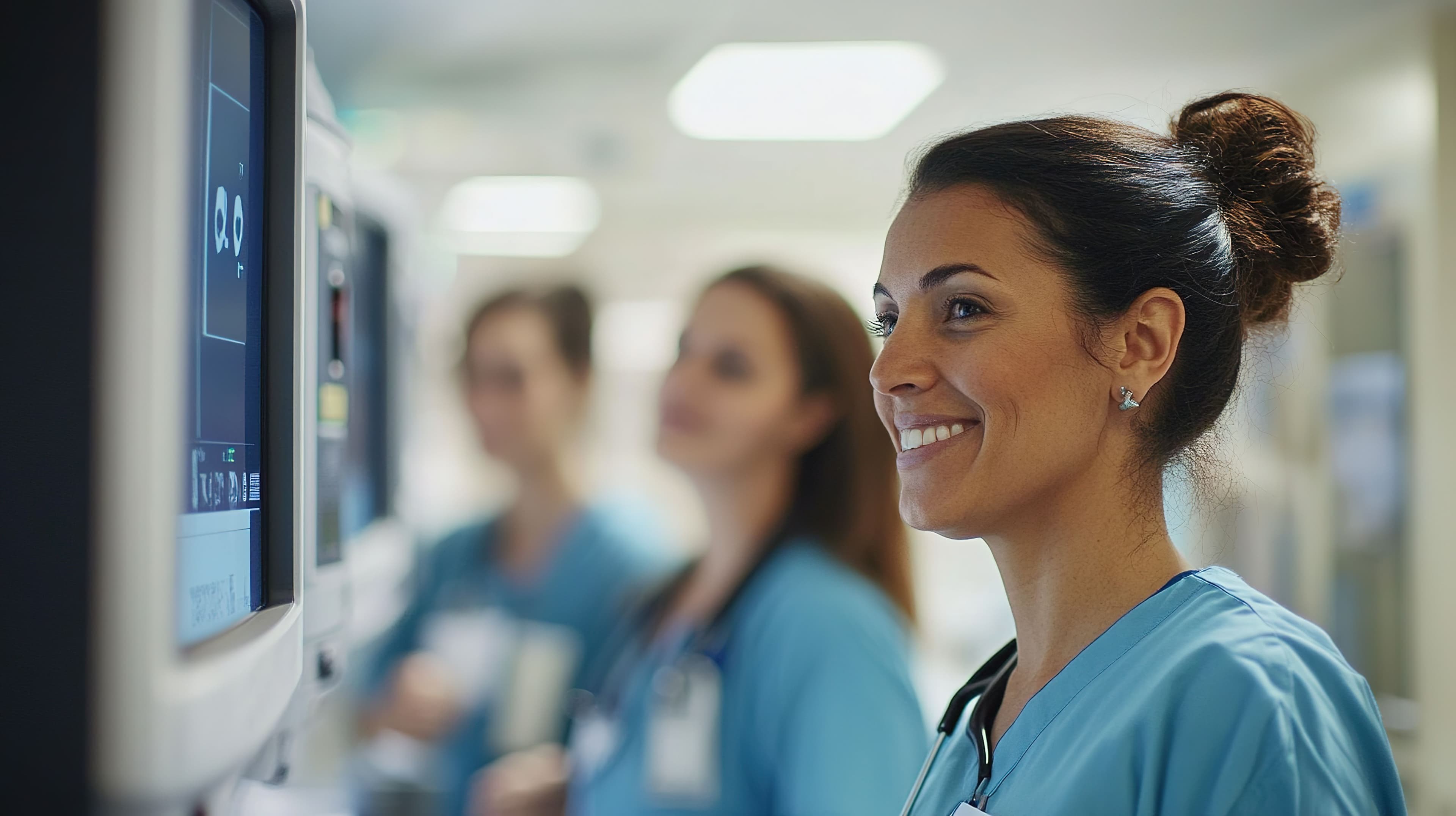 Three nurses with one face in focus in a hospital looking at vitals on a screen