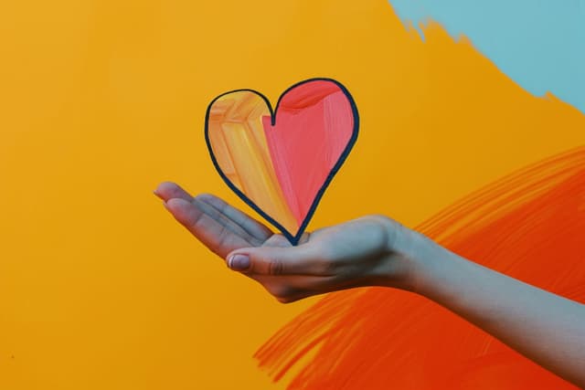 An open hand with a heart above it in front of a colorful background.