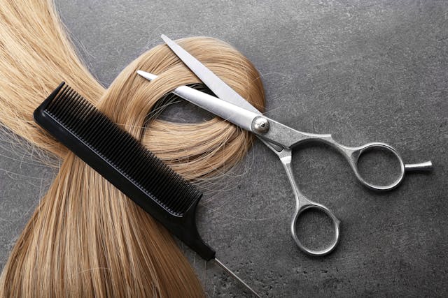 Hairdresser's scissors with comb and strand of blonde hair on grey background | Image credit: © - Africa Studio © - stock.adobe.com