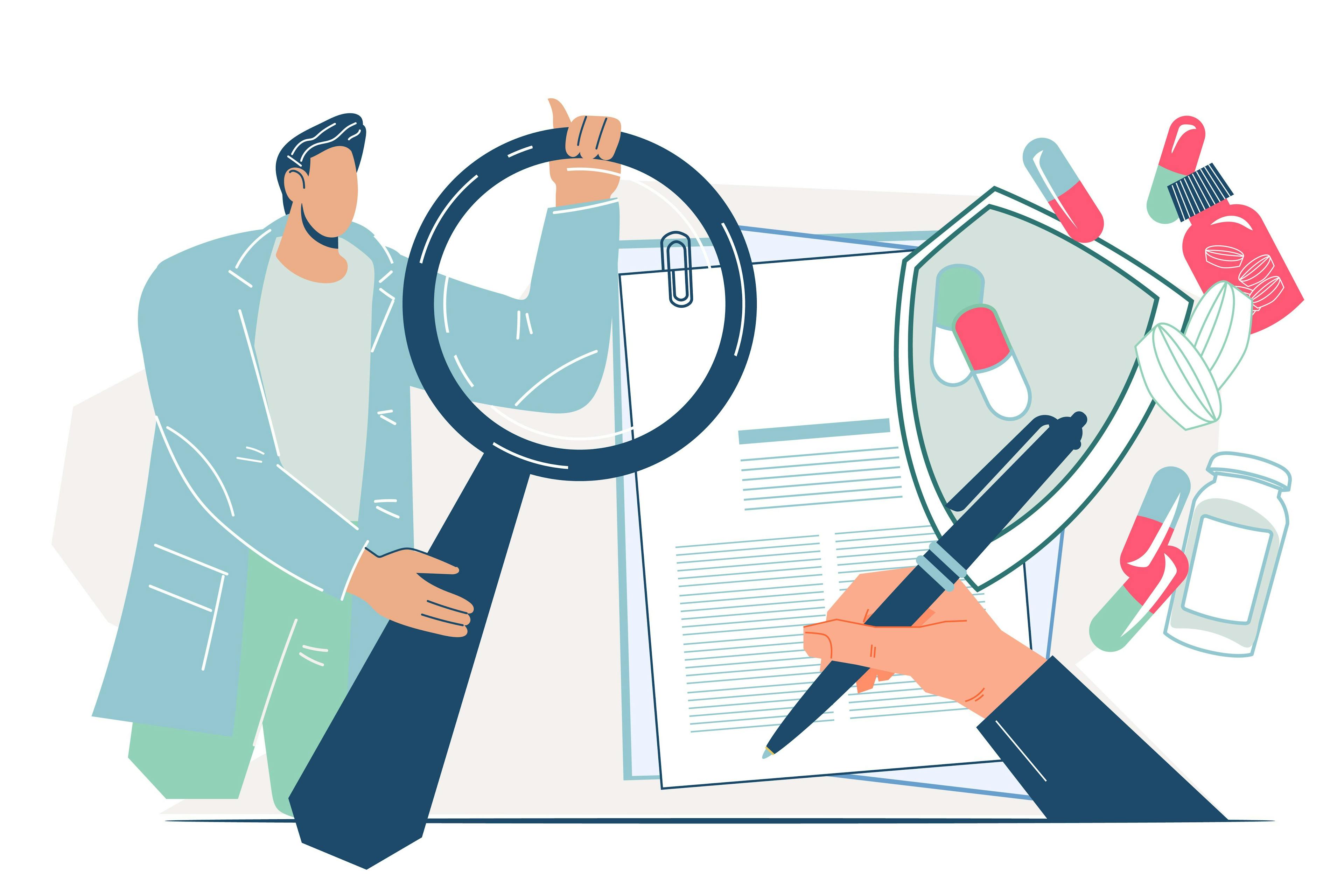 Illustration of a man holding a magnifying glass over paperwork. 