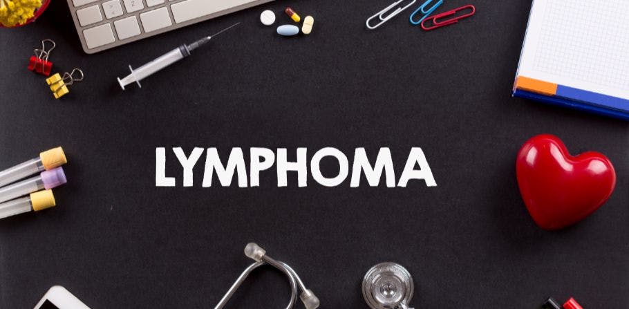 Image of the word "lymphoma" surrounded by medical instruments.