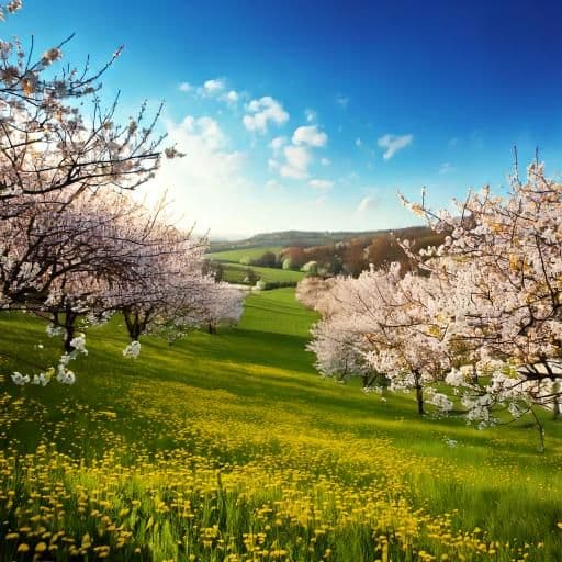 Spring landscape with flowers on trees. Image generated by Adobe Firefly. 