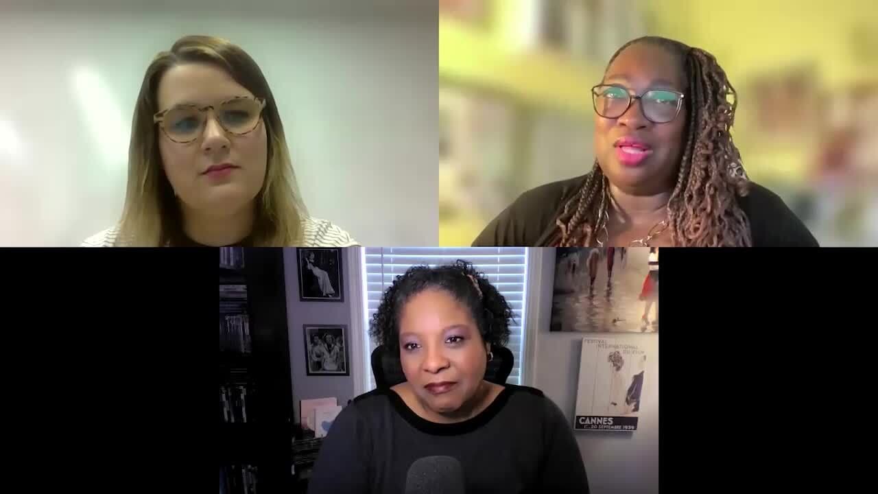 Three women on a Zoom call discussing breast cancer experiences.