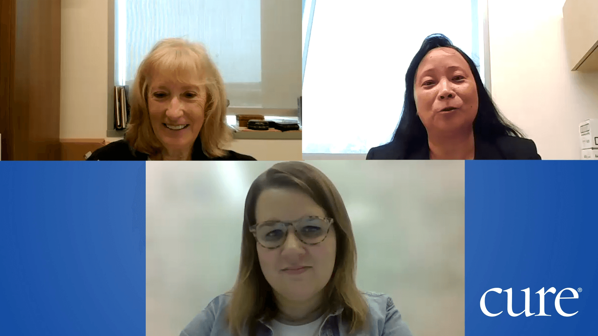 Three women on a Zoom call discussing effective care team communication in breast cancer.