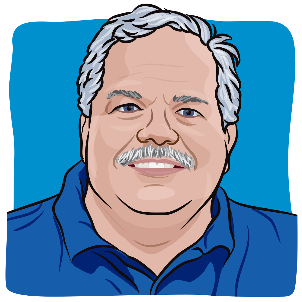 Illustration of a man with gray hair wearing a blue polo shirt. 