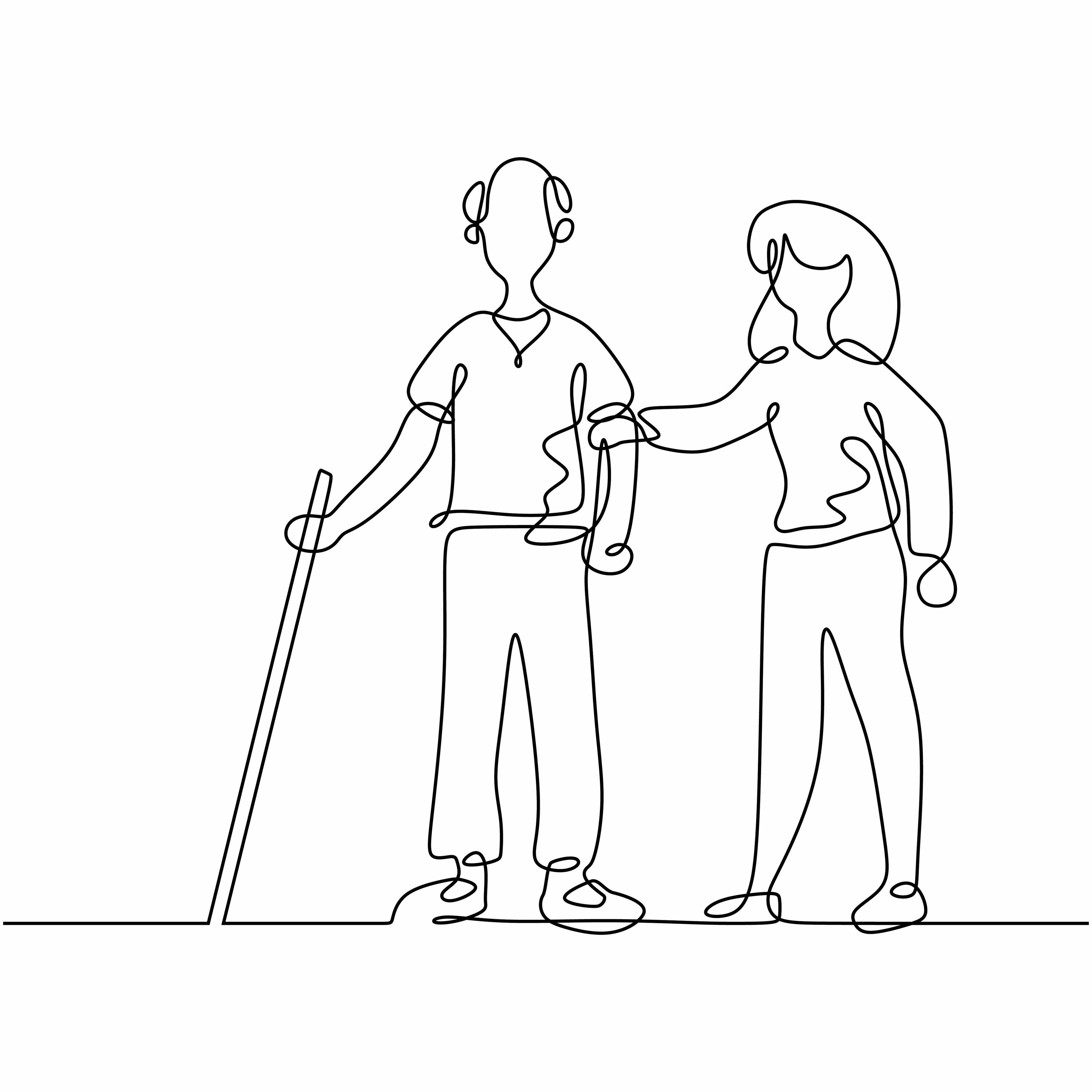 line-drawing image of nurse leading blind man with walking stick