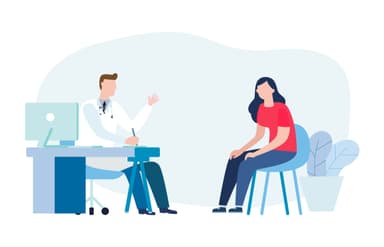 Illustration of a doctor speaking with a patient in a doctor's office.