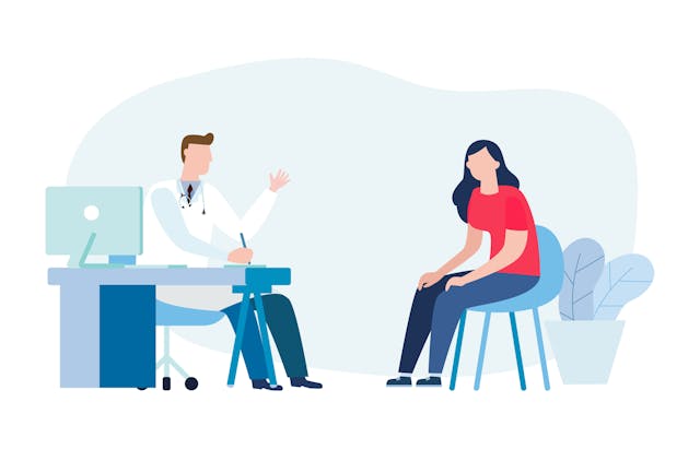 Illustration of a doctor speaking with a patient. 