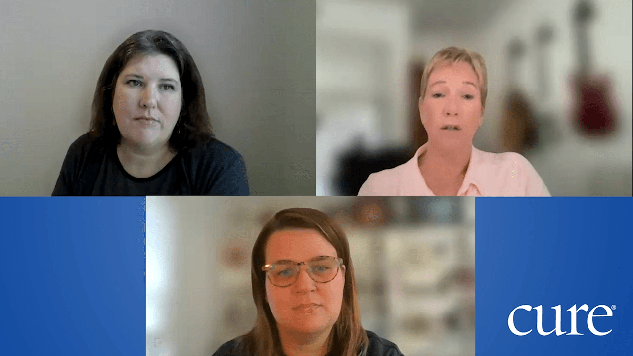 Three women on a Zoom call discussing tracking side effects during breast cancer treatment.