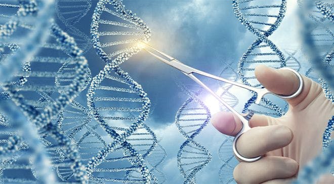 Image of DNA strands and a person touching one with a surgical instrument. 