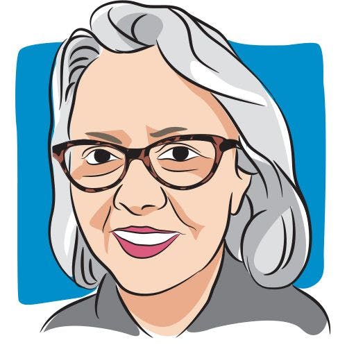 Illustration of a woman with short gray hair wearing glasses.