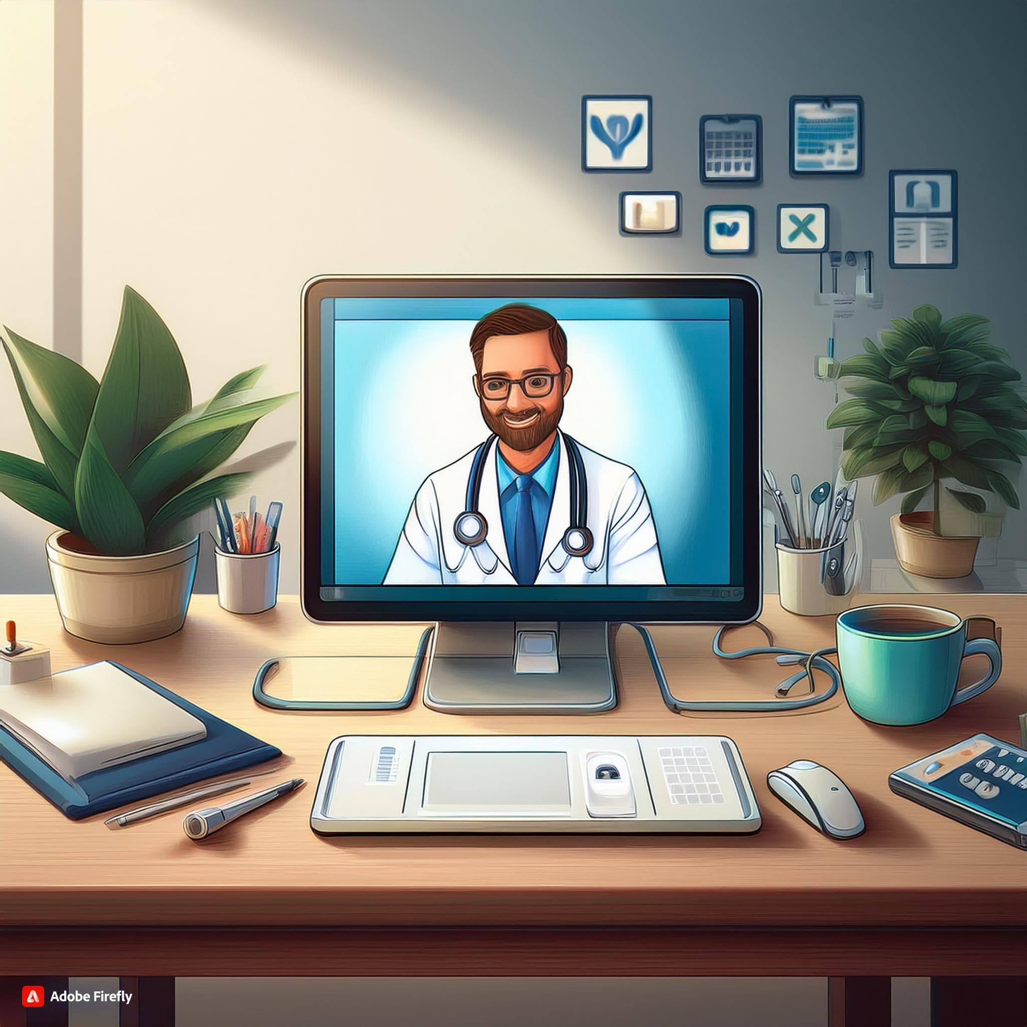 Cartoon image of a doctor on telehealth. Image generated by Adobe Firefly. 