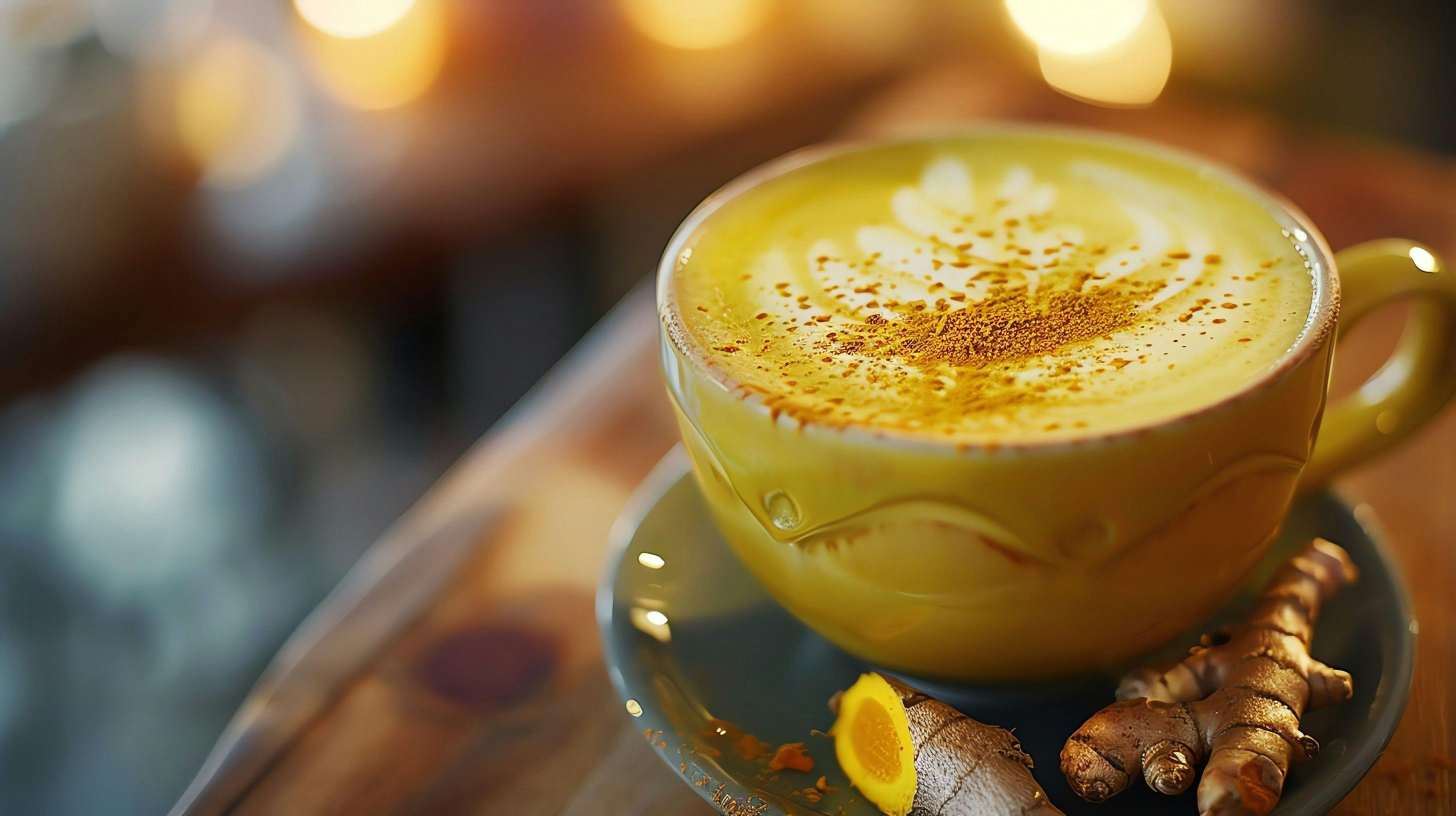 Closeup of a warm golden turmeric latte in a yellow mug with fresh turmeric root and spices. | Image Credit: © nuttapong - stock.adobe.com