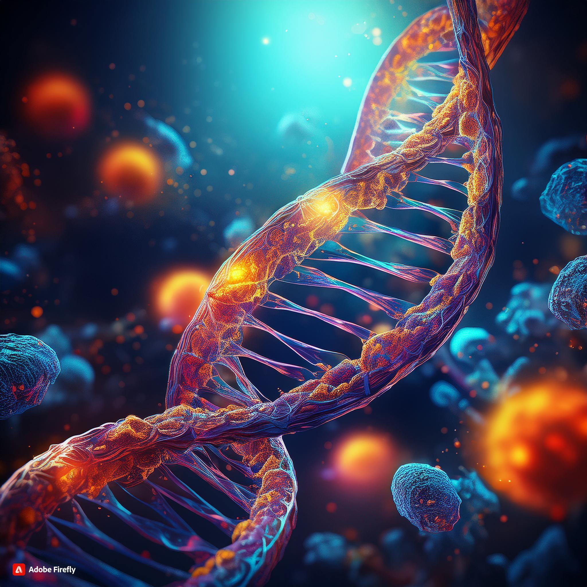 Image of a DNA strand with cancer cells in the background.