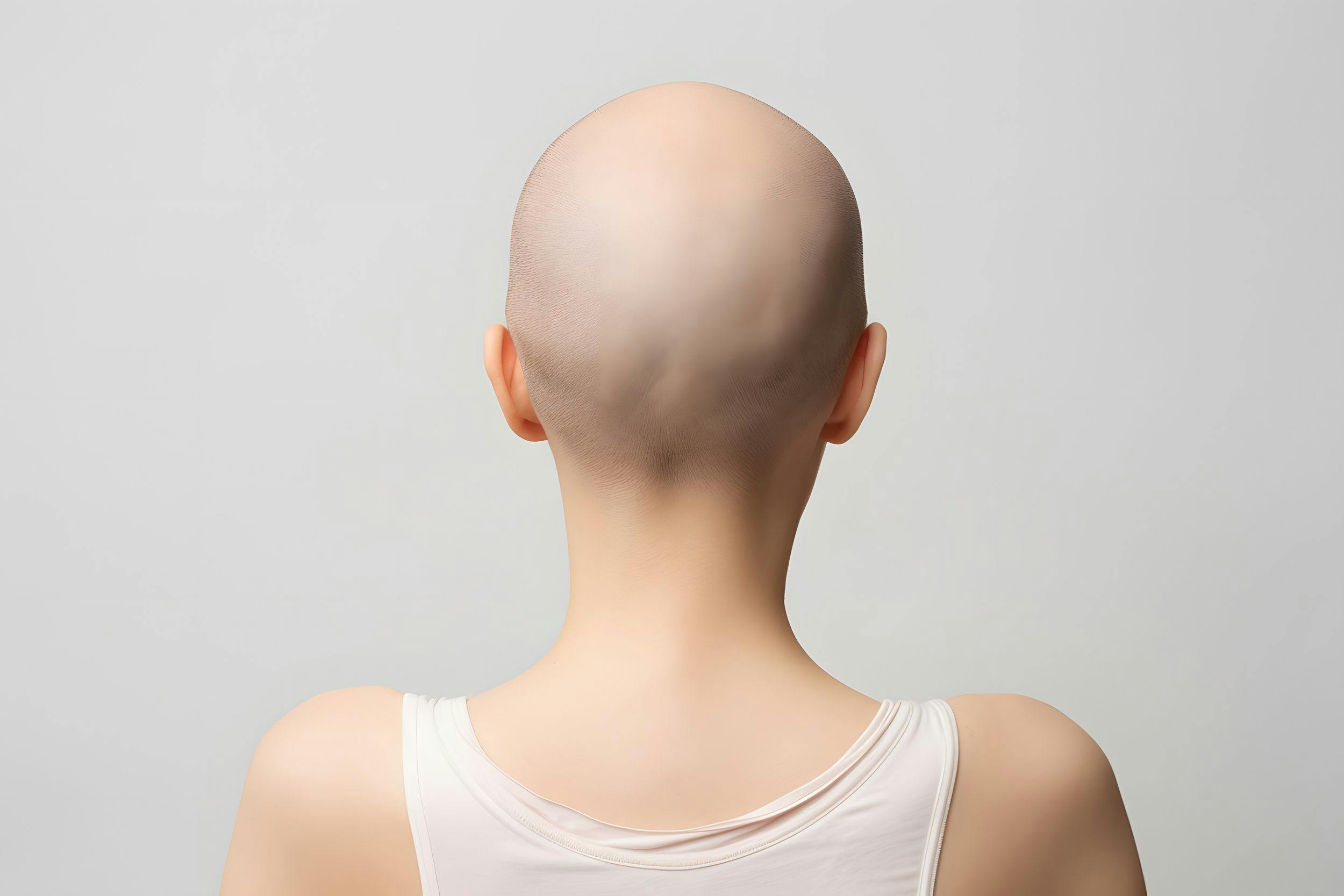 Back of head of bald woman with medical condition causing hair loss like Alopecia or chemotherapy | Image credit: ©  - Firn - ©  stock.adobe.com