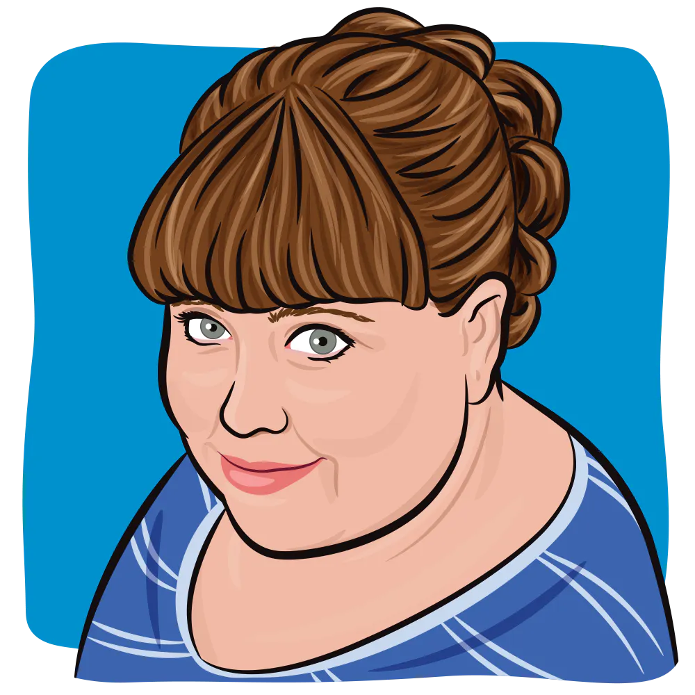 Illustration of a woman with brown hair and bangs wearing a blue striped shirt.