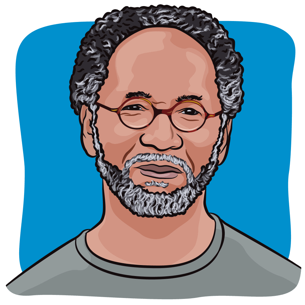 Illustration of a man with short and curly salt and pepper hair, wearing round glasses.