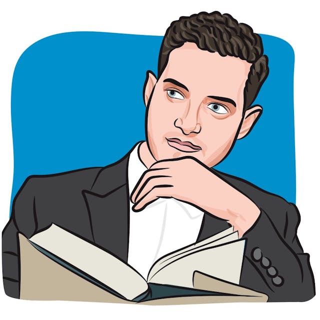 Illustration of a man with curly hair reading a book.